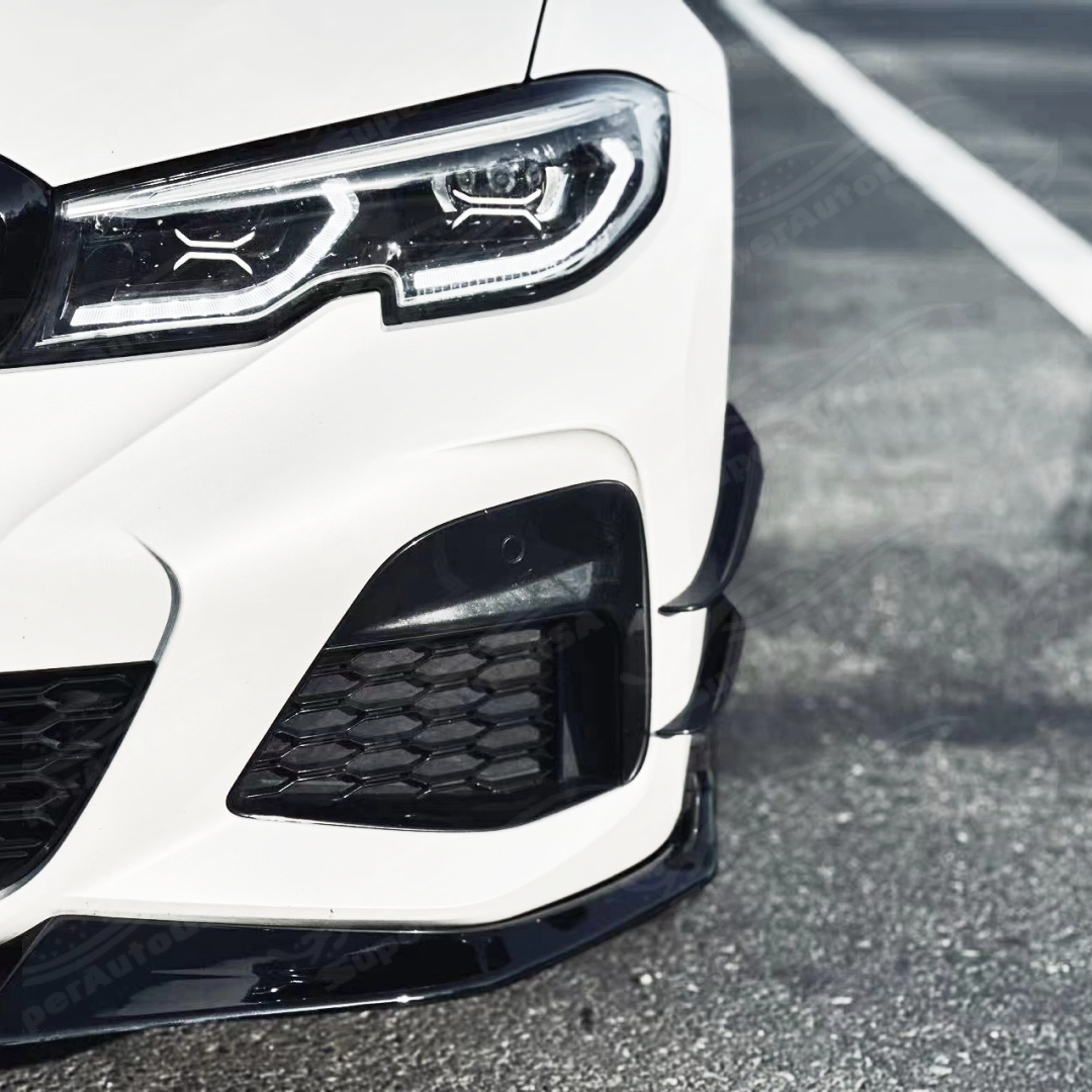 Angular view of the 2019-2022 BMW 3 Series G20 featuring Gloss Black Front Side Splitter Canard Fins, emphasizing the vehicle's aggressive styling