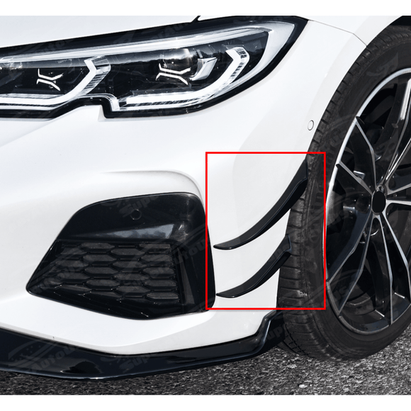 Detailed shot of the Gloss Black Front Side Splitter Canard Fins on the 2019-2022 BMW 3 Series G20, focusing on the quality and fitment