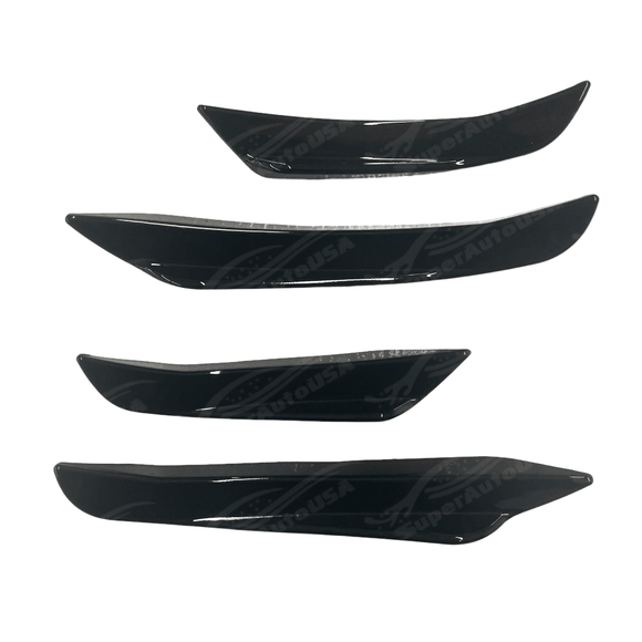 Close-up of the BMW 3 Series G20 with Gloss Black Front Side Splitter Canard Fins, showcasing the sleek design and aerodynamic improvements