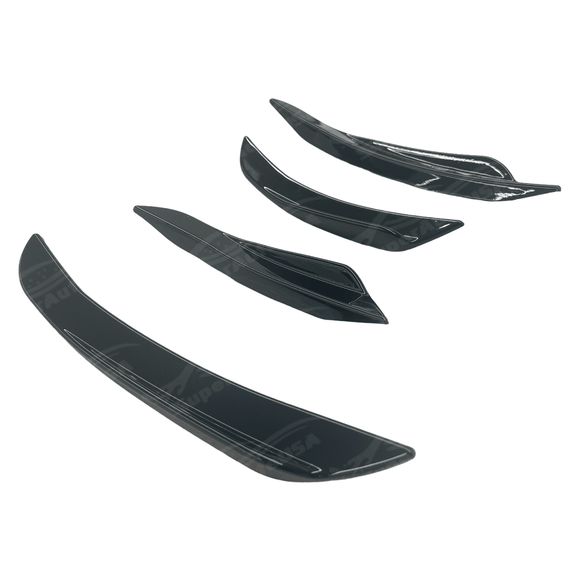 Side profile of the BMW 3 Series G20 with Gloss Black Front Side Splitter Canard Fins Set, highlighting the enhancement to the car’s aerodynamics and aesthetics