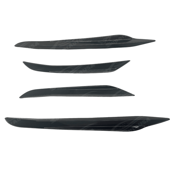 Dynamic perspective of the BMW 3 Series G20 with its Gloss Black Front Side Splitter Canard Fins Set, illustrating the improved sporty silhouette