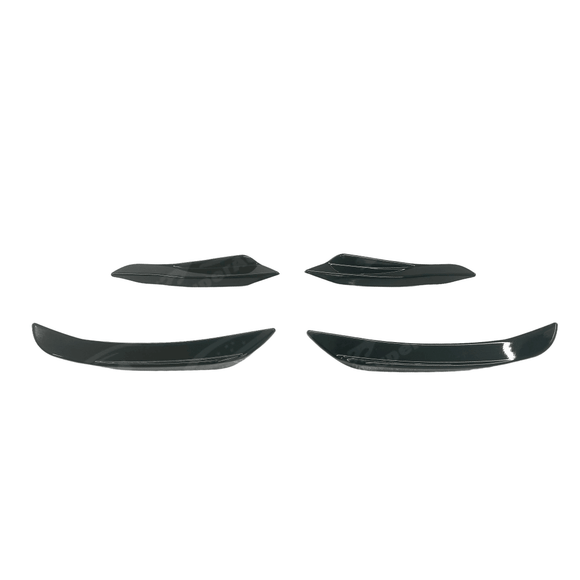 Installation view of the Gloss Black Front Side Splitter Canard Fins on the BMW 3 Series G20, demonstrating the seamless integration with the vehicle