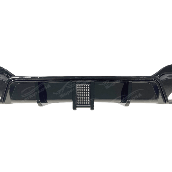 Dynamic angle showing the rear of Fits 2019-2022 BMW G20 with its Gloss Black Rear Diffuser, LED Brake Light, and corner splitters, blending functionality and aesthetics