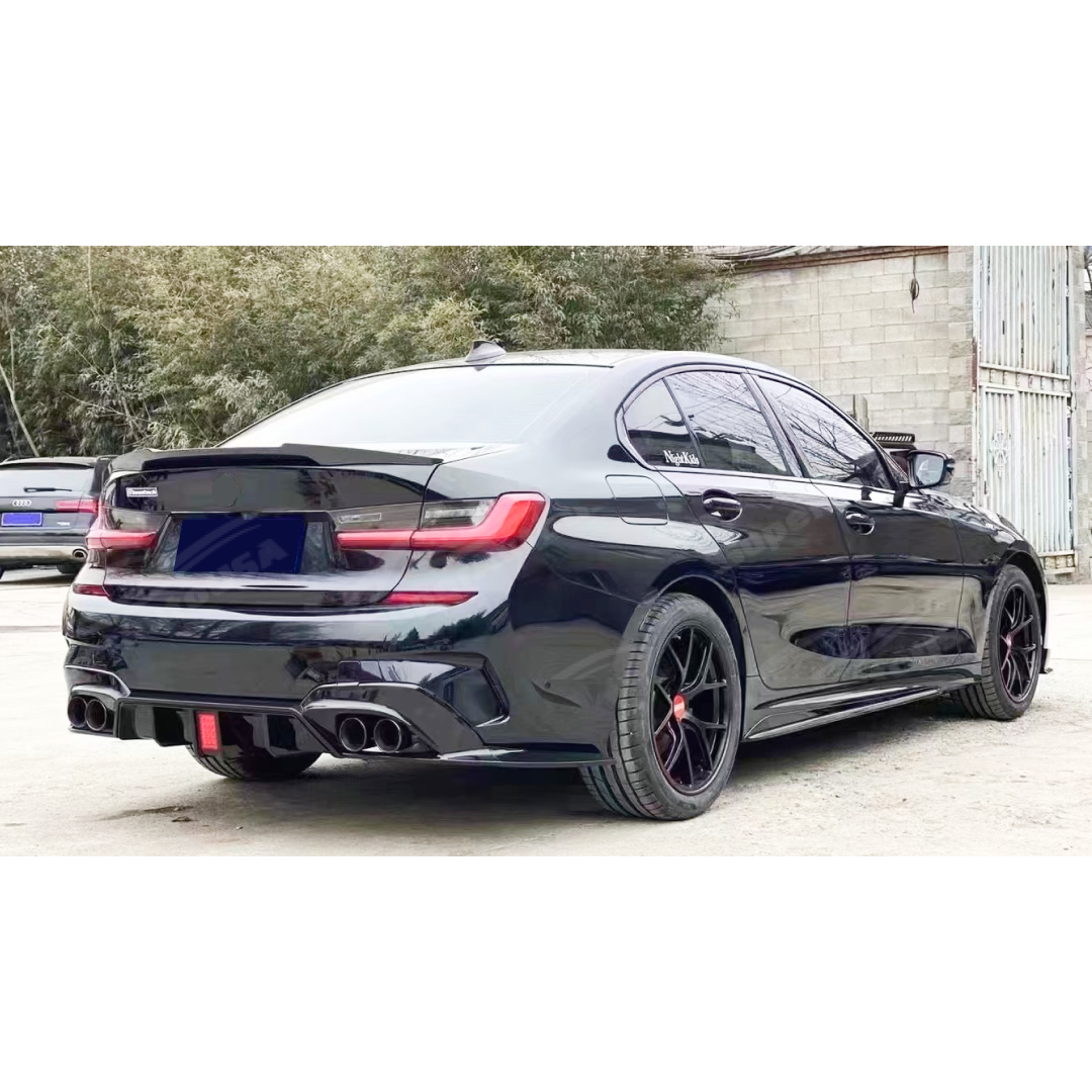 Elegant and powerful appearance of the Fits 2019-2022 BMW G20 with Gloss Black Rear Diffuser, LED Brake Light, and corner splitters, enhancing both style and functionality