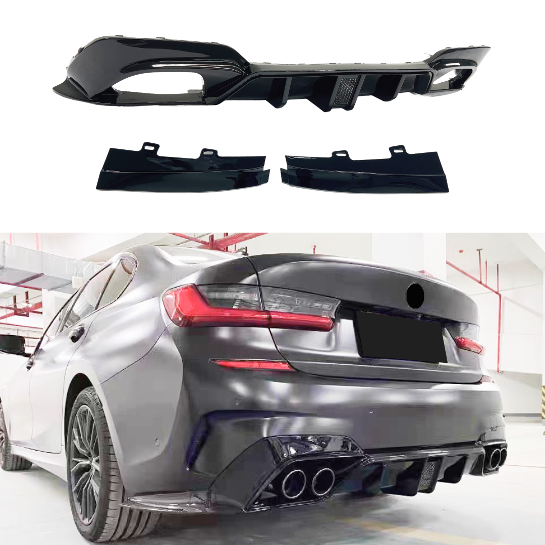 Gloss Black Rear Diffuser on Fits 2019-2022 BMW G20, featuring an integrated LED brake light and corner splitters for enhanced performance and style