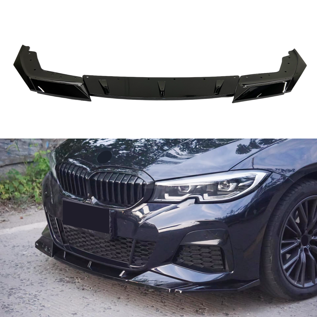 Gloss Black Front Bumper Lip Spoiler on 2019-2022 BMW 3 Series G20, enhancing the vehicle's aerodynamics and sporty profile