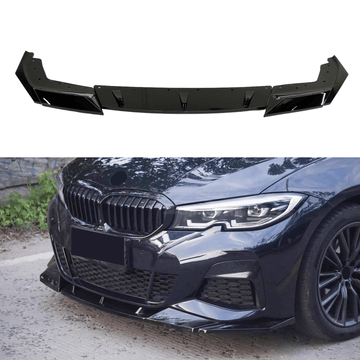 Gloss Black Front Bumper Lip Spoiler on 2019-2022 BMW 3 Series G20, enhancing the vehicle's aerodynamics and sporty profile