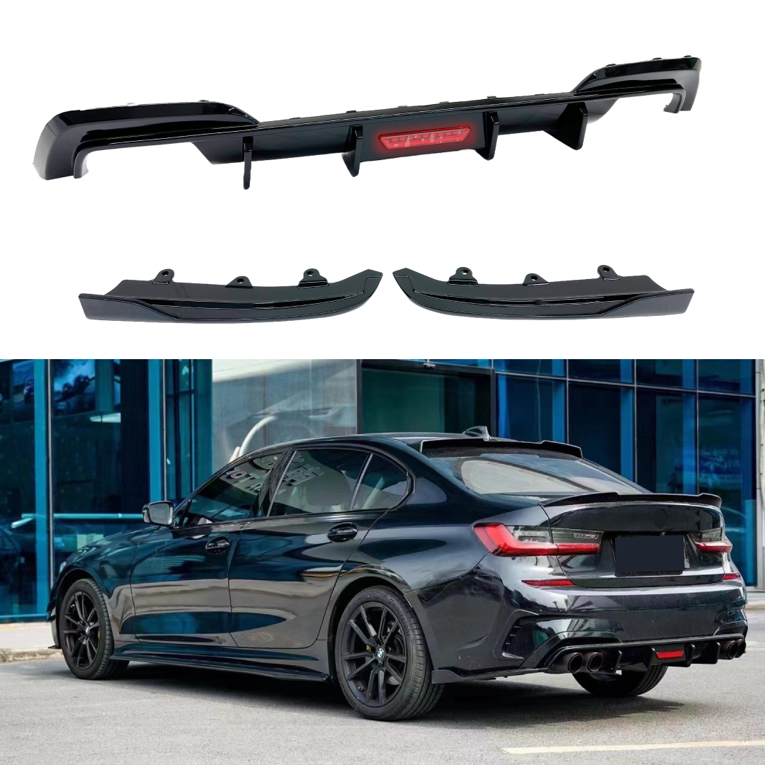 Gloss Black Rear Diffuser with Rear Corner Splitter on 2019-2022 BMW 3 Series G20, enhancing the vehicle's aerodynamics and sporty silhouette