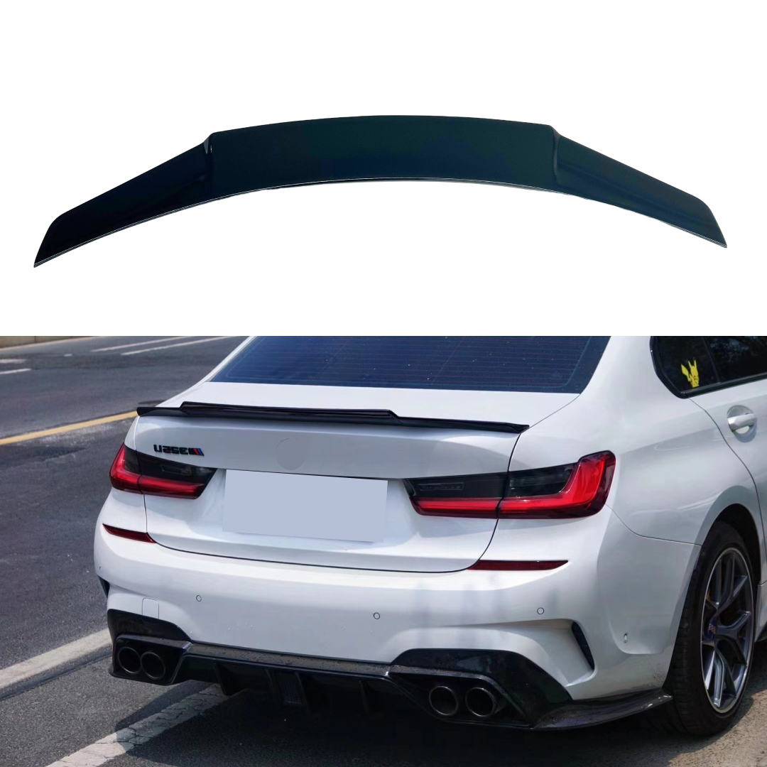 Gloss Black Rear Trunk Spoiler Wing on 2019-2024 BMW 3-Series G20 330i M340i, enhancing the vehicle's aerodynamics and sporty profile