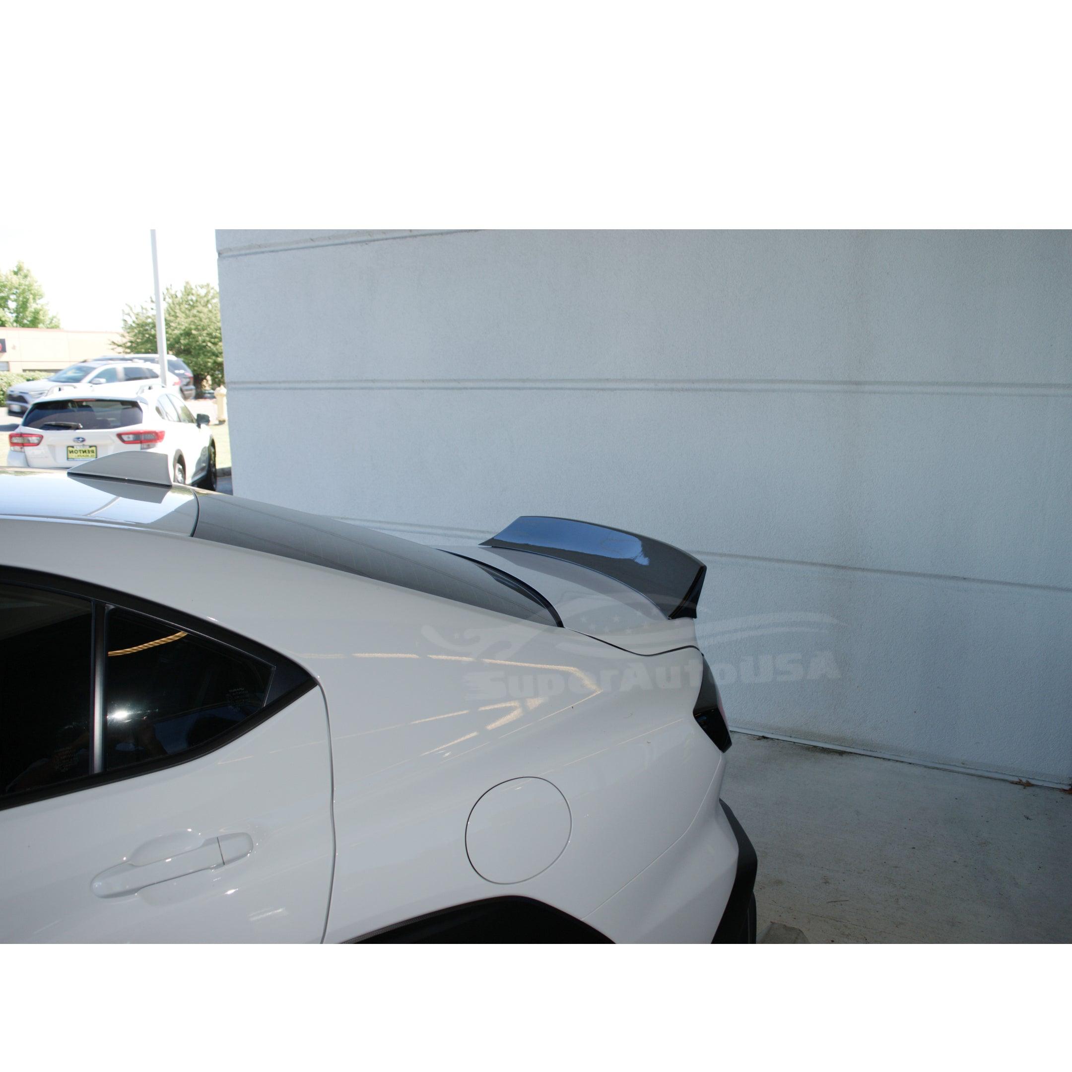 Side view of the WRX STI 2022-2024 featuring the Ceramic White Rear Duckbill Spoiler Wing, highlighting its contribution to the car's aerodynamic efficiency.