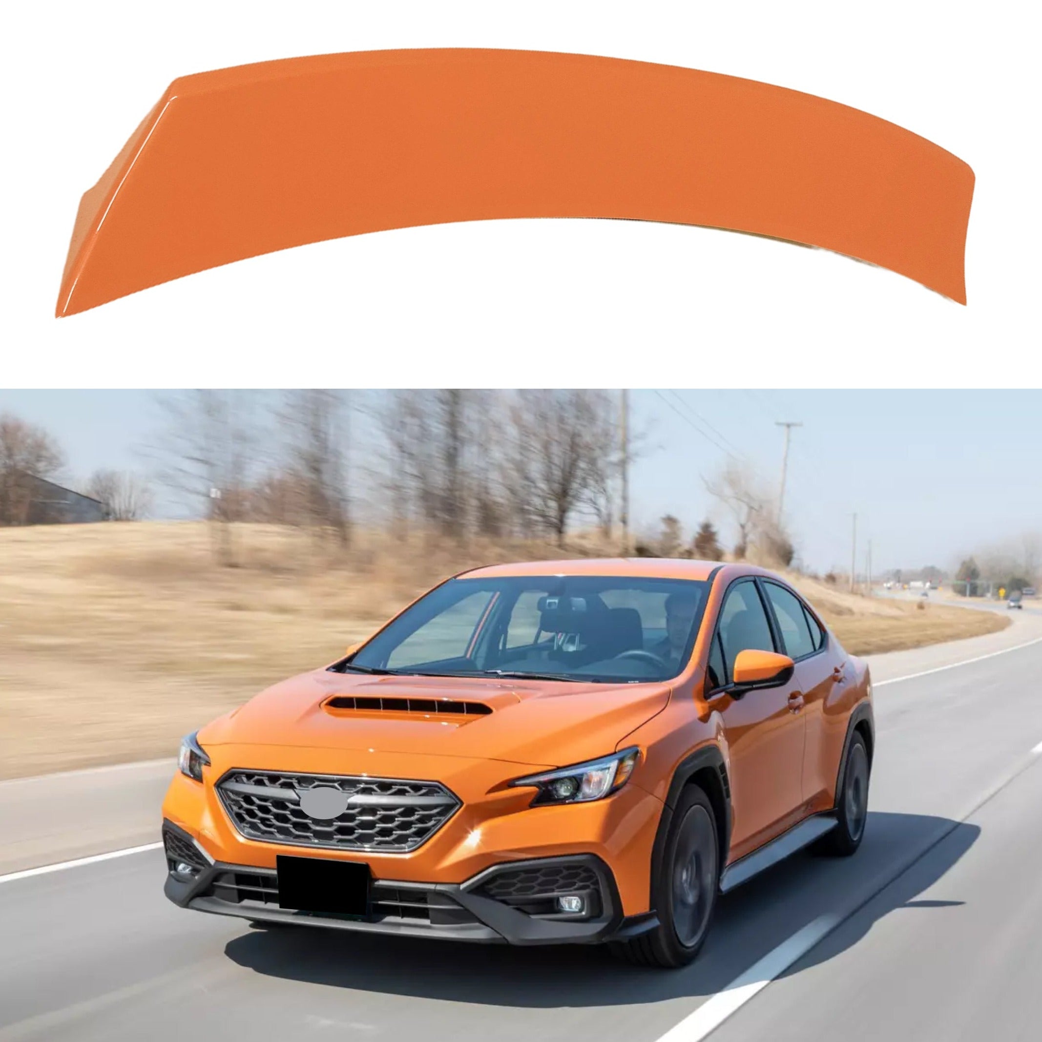 Paint Matched Solar Orange Pearl Rear Duckbill Spoiler Wing on WRX STI 2022 2023 2024, enhancing aerodynamics and style.