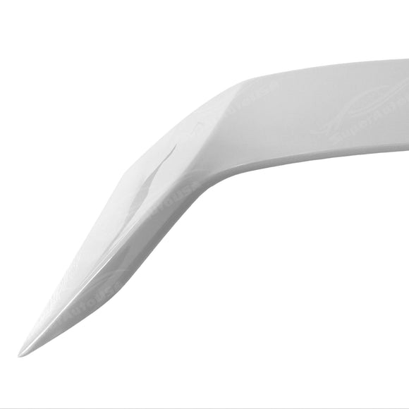 Close detailed view of the Ceramic Silver Metallic Scorpion GT Style Rear Spoiler Wing on the Fits Kia Stinger, focusing on its precision and sporty appeal