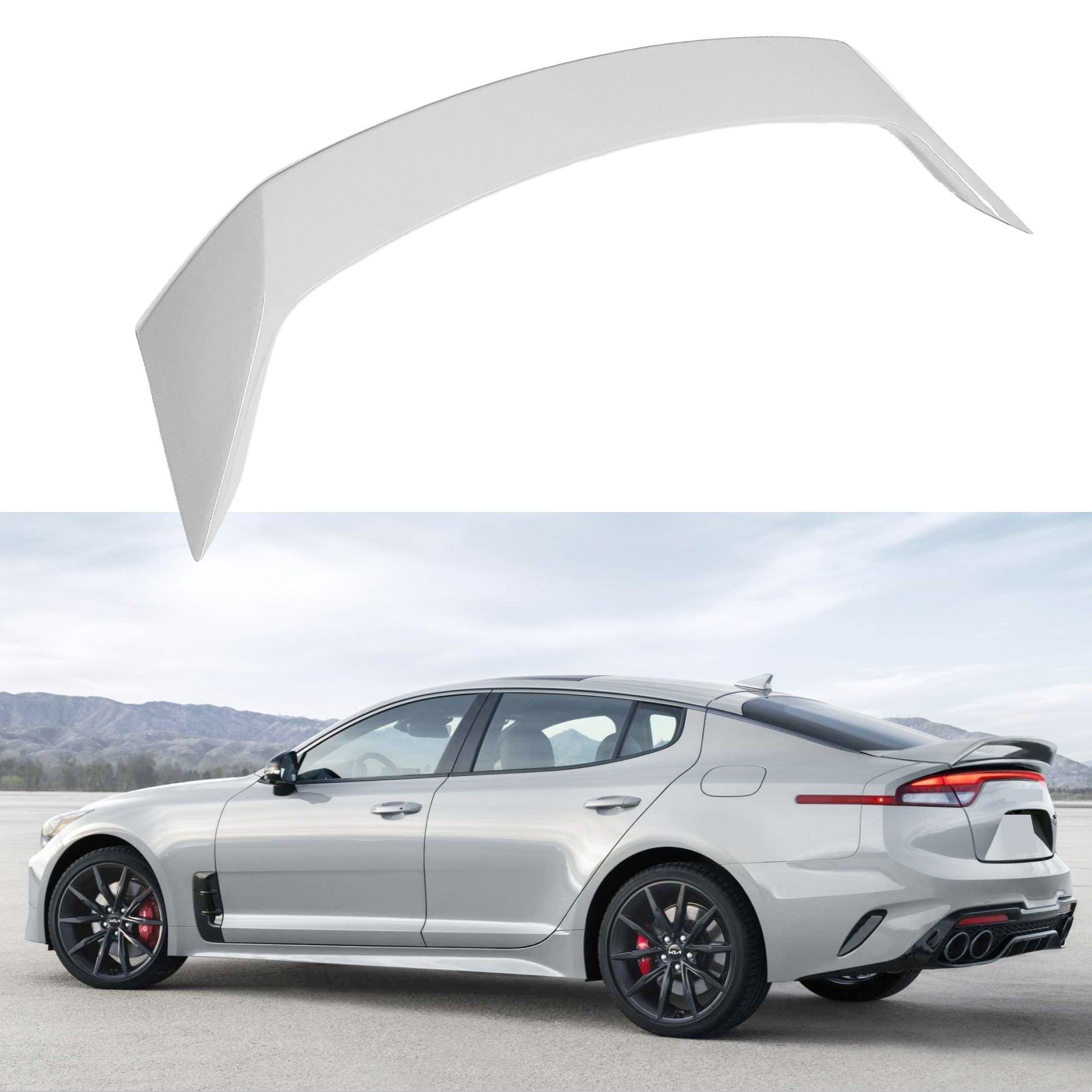 Ceramic Silver Metallic Scorpion GT Style Spoiler Wing on Fits Kia Stinger 2018-2023, enhancing the car's aerodynamics as a rear spoiler