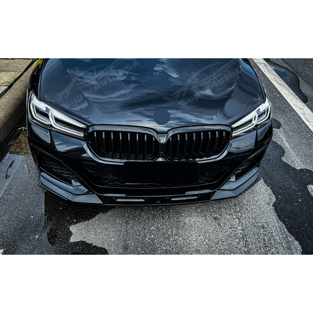 Side profile of the 2023-2024 BMW 5 Series G30 equipped with Gloss Black Front Lip Spoiler, highlighting the enhanced sporty contours