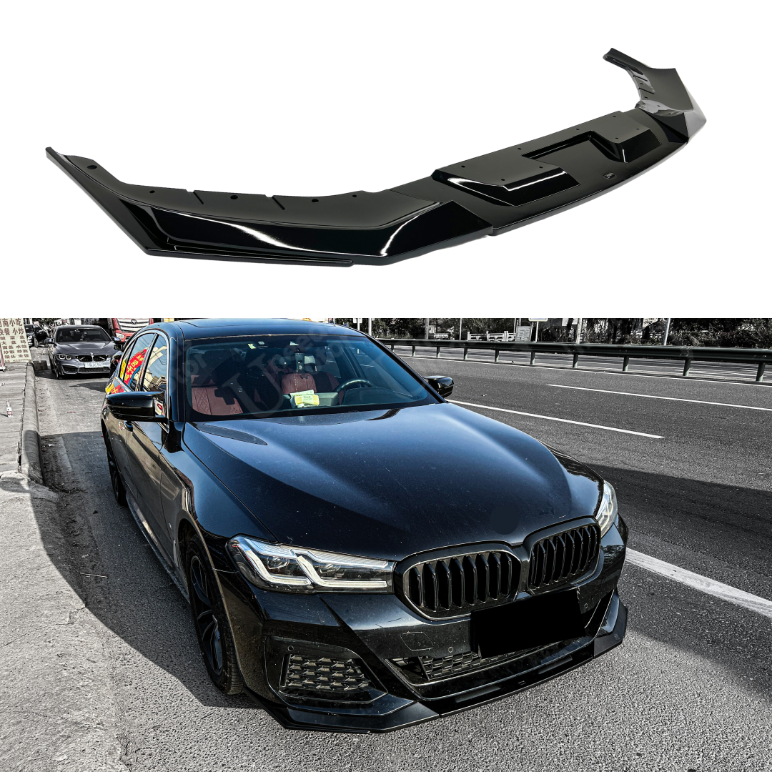 Gloss Black Front Lip Spoiler on Fits 2023-2024 BMW 5 Series G30 530i 540i M550i M-Sport, enhancing the vehicle's aerodynamics and sporty appearance.