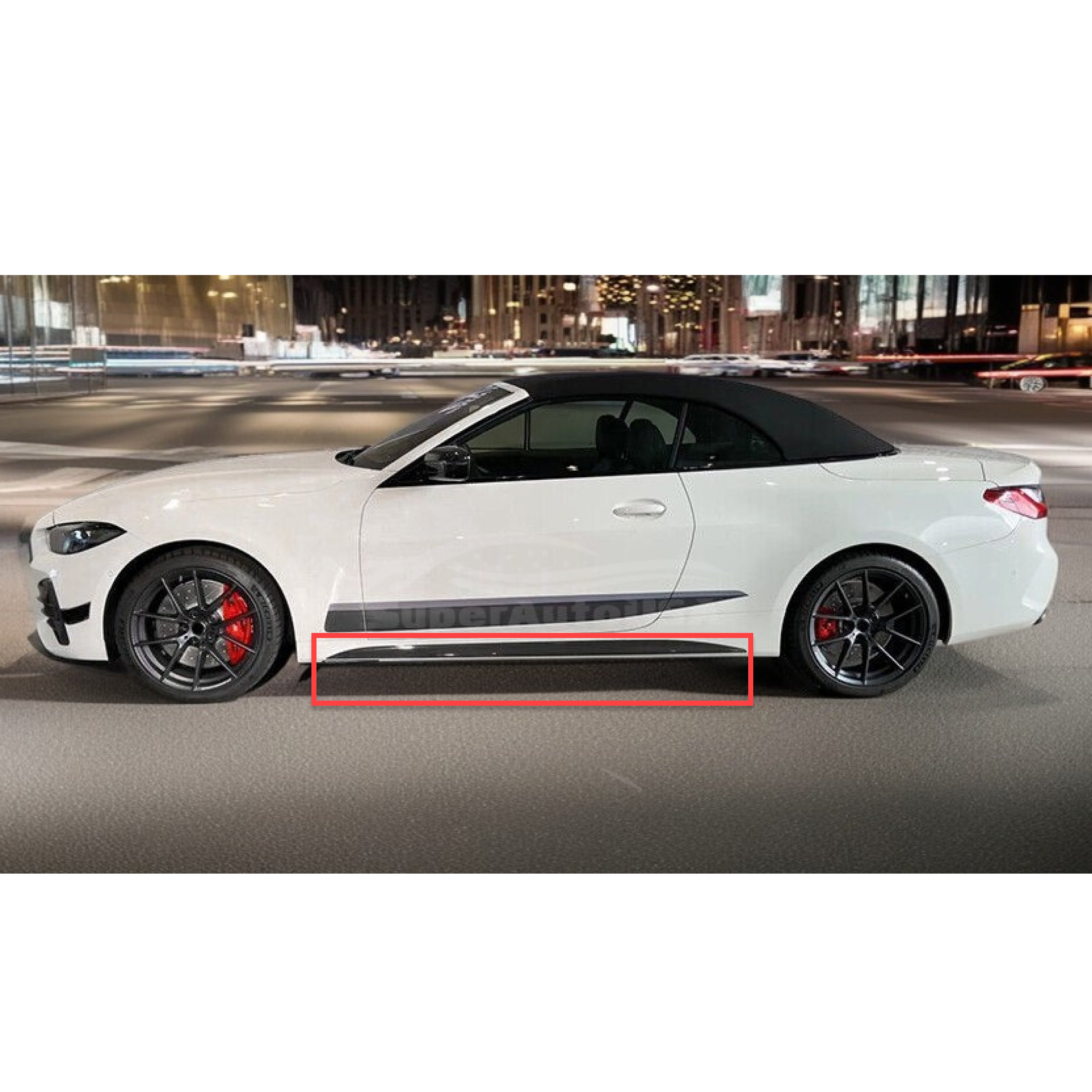 Gloss black side skirts fitted on a BMW 4 Series G22 G23, part of the comprehensive automobile exterior body kits, offering a bold visual upgrade.