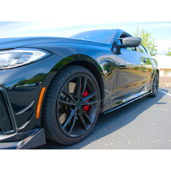 Gloss Black Side Skirts on 2021-2024 BMW 4 Series G26 430i M440i enhancing the vehicle's aerodynamics with a Side Body Skirts Kit