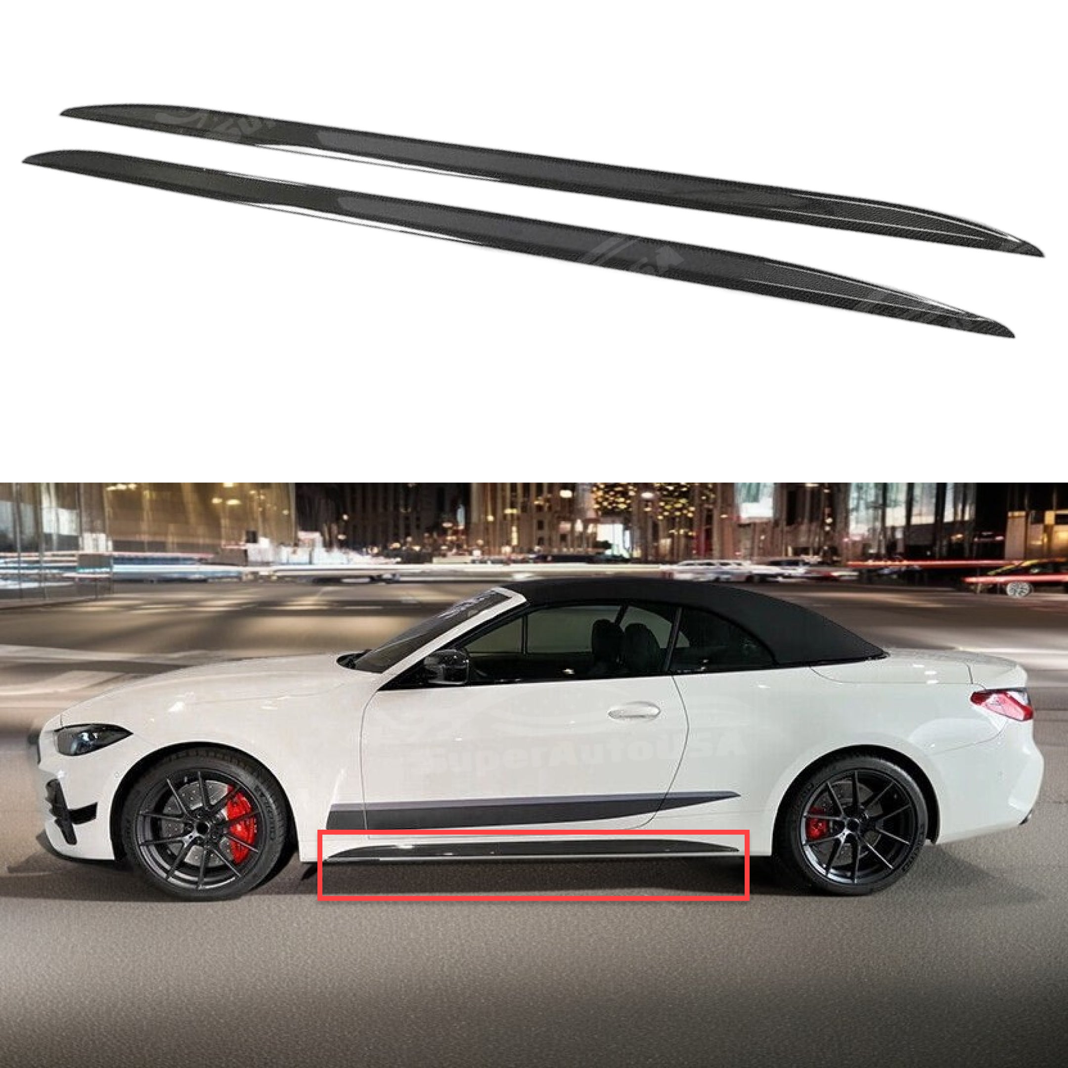 Dynamic side view of 2021-2024 BMW 4 Series G22 G23 adorned with gloss black side skirts from the Side Body Skirts Kit, emphasizing its sleek, aerodynamic design and enhancing overall vehicle aggression.