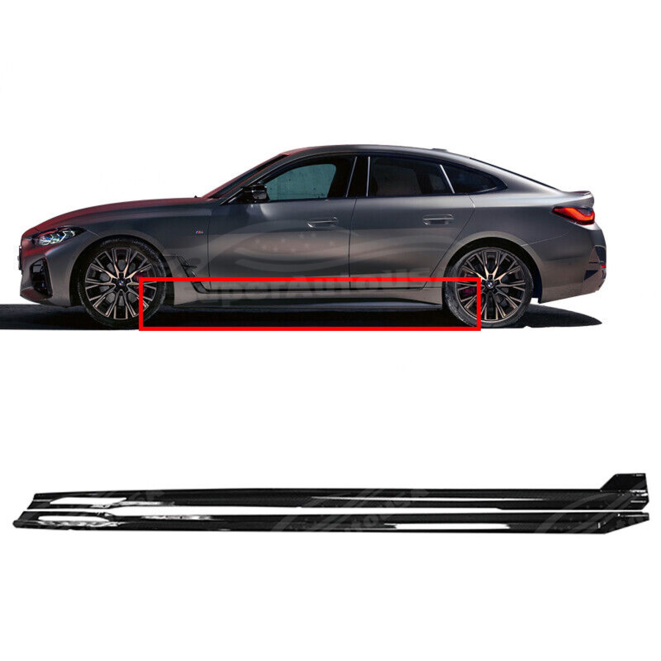 Gloss black side skirts on BMW 4 Series G26, emphasizing the Side Body Skirts Kit for a more aggressive and grounded appearance.