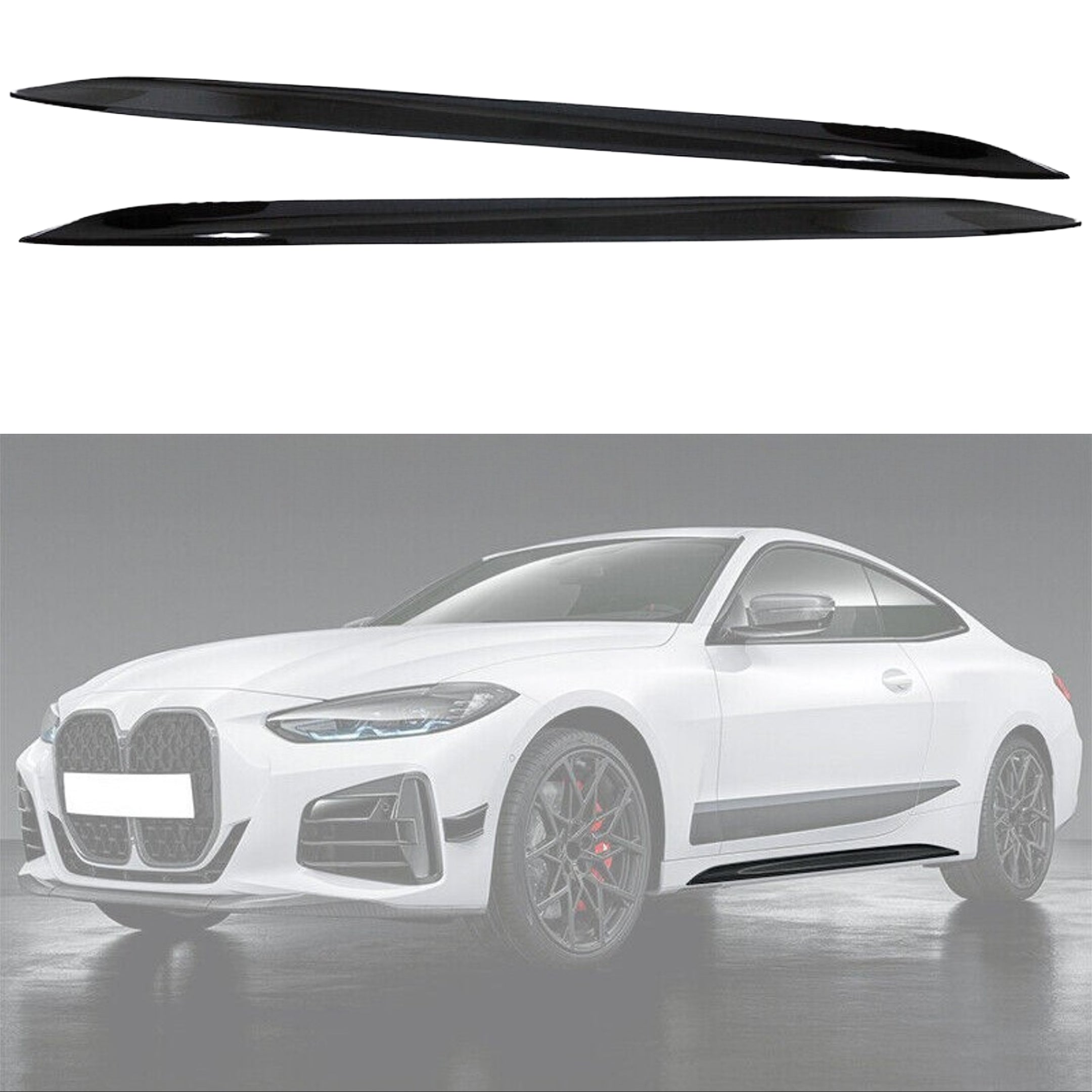  2021-2024 BMW 4 Series G22 G23 showcasing Gloss Black Side Skirts as part of the Side Body Skirts Kit, enhancing the vehicle's sporty contour and street presence