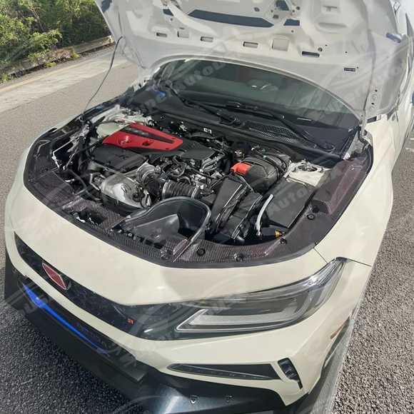 SuperAutoUSA carbon fiber cooling plate integrated in a black Civic Type R FL5 engine bay
