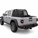 Heavy-duty adjustable reinforced steel roll bar headache rack installed on a Jeep Gladiator JT truck bed