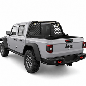 Heavy-duty adjustable reinforced steel roll bar headache rack installed on a Jeep Gladiator JT truck bed