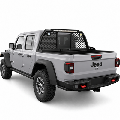 Heavy-duty adjustable reinforced steel roll bar headache rack installed on a Jeep Gladiator JT truck bed