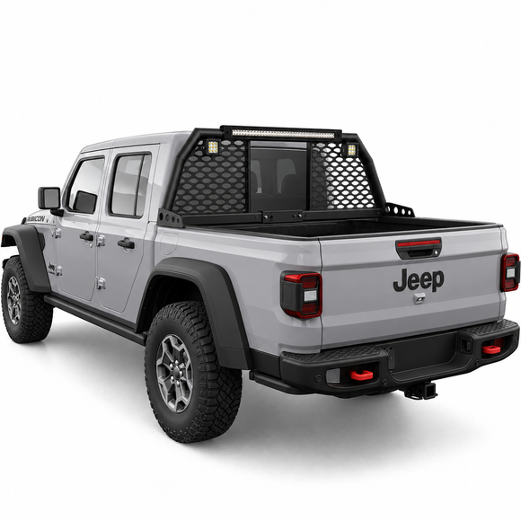 Heavy-duty adjustable reinforced steel roll bar headache rack installed on a Jeep Gladiator JT truck bed