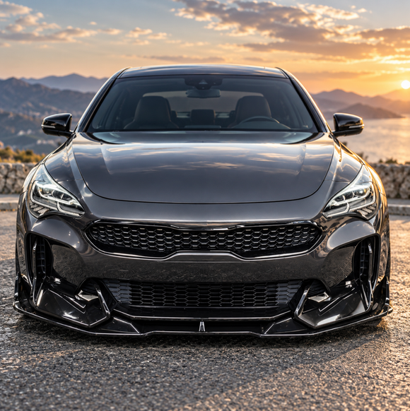 SuperAutoUSA AD style front splitter creating a bold motorsport contrast on a HiChroma Red Kia Stinger GT