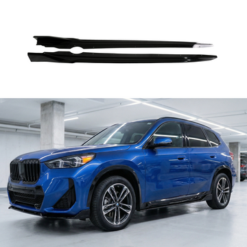 Gloss black side skirt under spoiler rocker panels installed on a 2023 BMW X1 U11