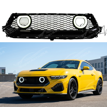 GT-V style white and amber LED halo rim front bumper grill installed on a 2024 Ford Mustang
