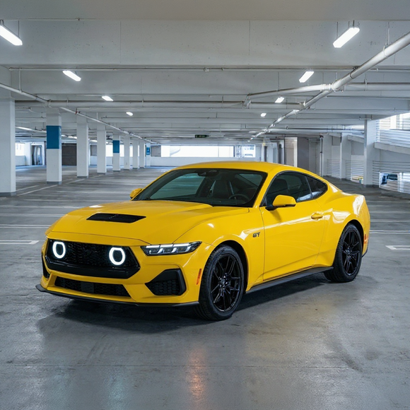 Direct front view of the Mustang GT-V style grill with white LED halo rims active