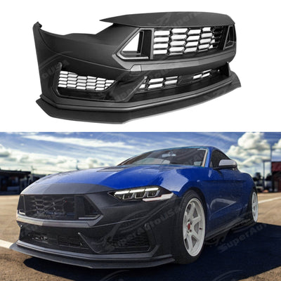 Dark Horse style front bumper cover fascia, upper and lower grilles, and lip body kits on a 2018 Ford Mustang