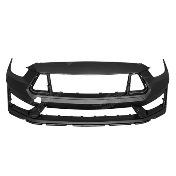 A Ford Mustang on the street with the Dark Horse style front bumper