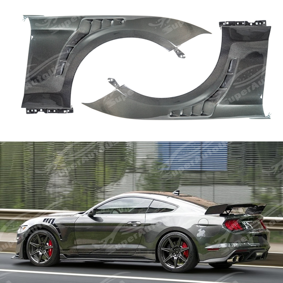 Real carbon fiber GT500 style front side vented fender panel on a 2018 Mustang