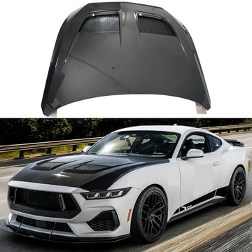 SuperAutoUSA GTD style real carbon fiber front engine vented hood on a 2024 Ford Mustang