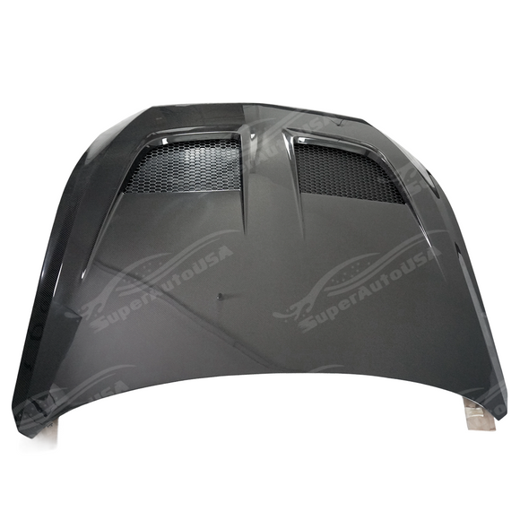 High-gloss SuperAutoUSA carbon fiber GTD style vented hood for Ford Mustang 2024-2026
