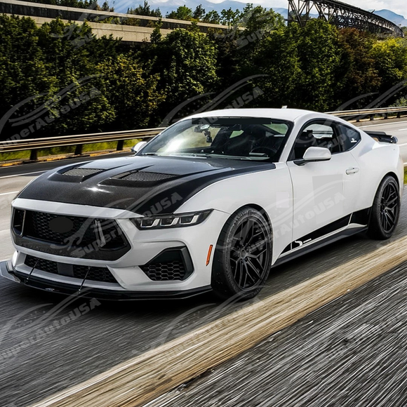 Full front view of a 2026 Ford Mustang with new SuperAutoUSA vented hood