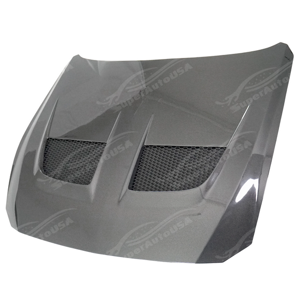 SuperAutoUSA carbon fiber hood integrated on a black Ford Mustang