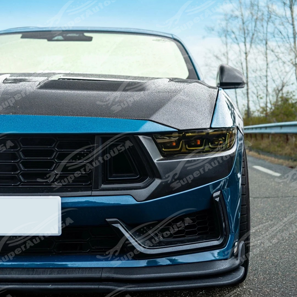 SuperAutoUSA real carbon fiber GTD style vented hood on a white Ford Mustang