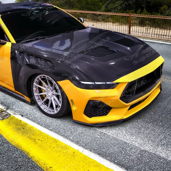 Underside view of uninstalled SuperAutoUSA carbon fiber hood showing mounting points