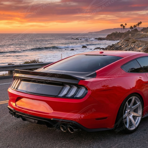 Full rear 3/4 view of a 2020 Mustang featuring a high-gloss real carbon fiber trunk lid