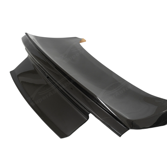 Side profile showing the seamless integration of the carbon trunk with Mustang body lines