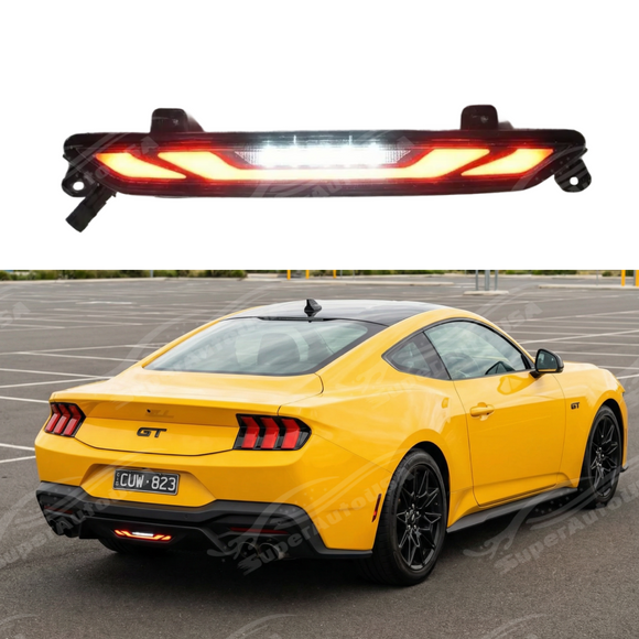 Clear lens LED rear third brake and reverse light installed on a 2024 Ford Mustang S650