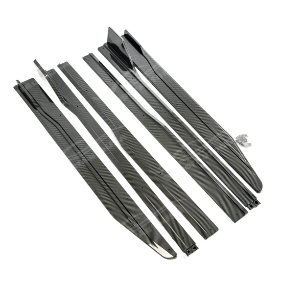 Low angle view emphasizing the GT 500 style side skirt splitter on Mustang S650