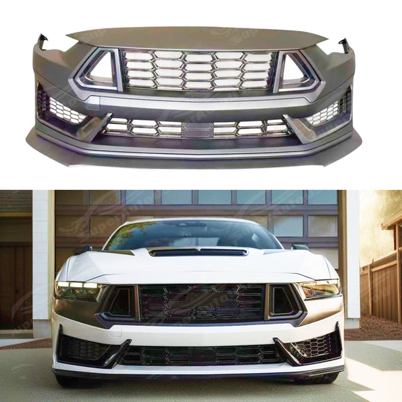 Aerodynamic Dark Horse Front Bumper Cover and Rear Diffuser Kit for Ford Mustang 2024-2025.
