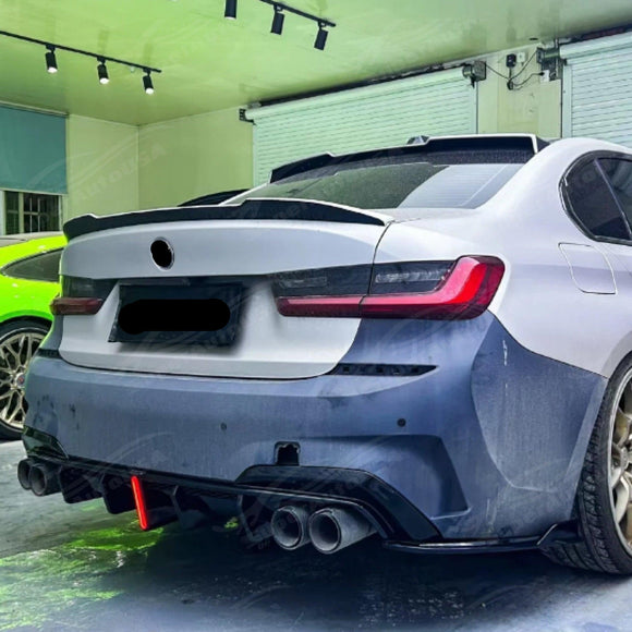 SuperAutoUSA rear bumper lip diffuser with LED light for BMW 330e xDrive Plug-in Hybrid 2019-2022.
