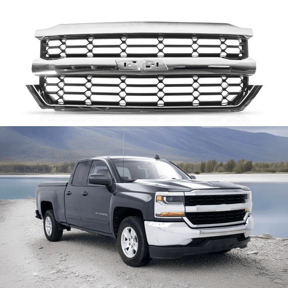 Rejilla de malla para parachoques delantero cromada y negra para Chevrolet Silverado 1500 2016-2019 