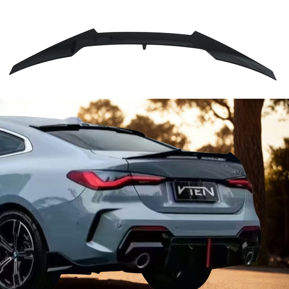 Gloss black VTen rear spoiler wing perfectly fitted to a white BMW G26 4 Series Gran Coupe.